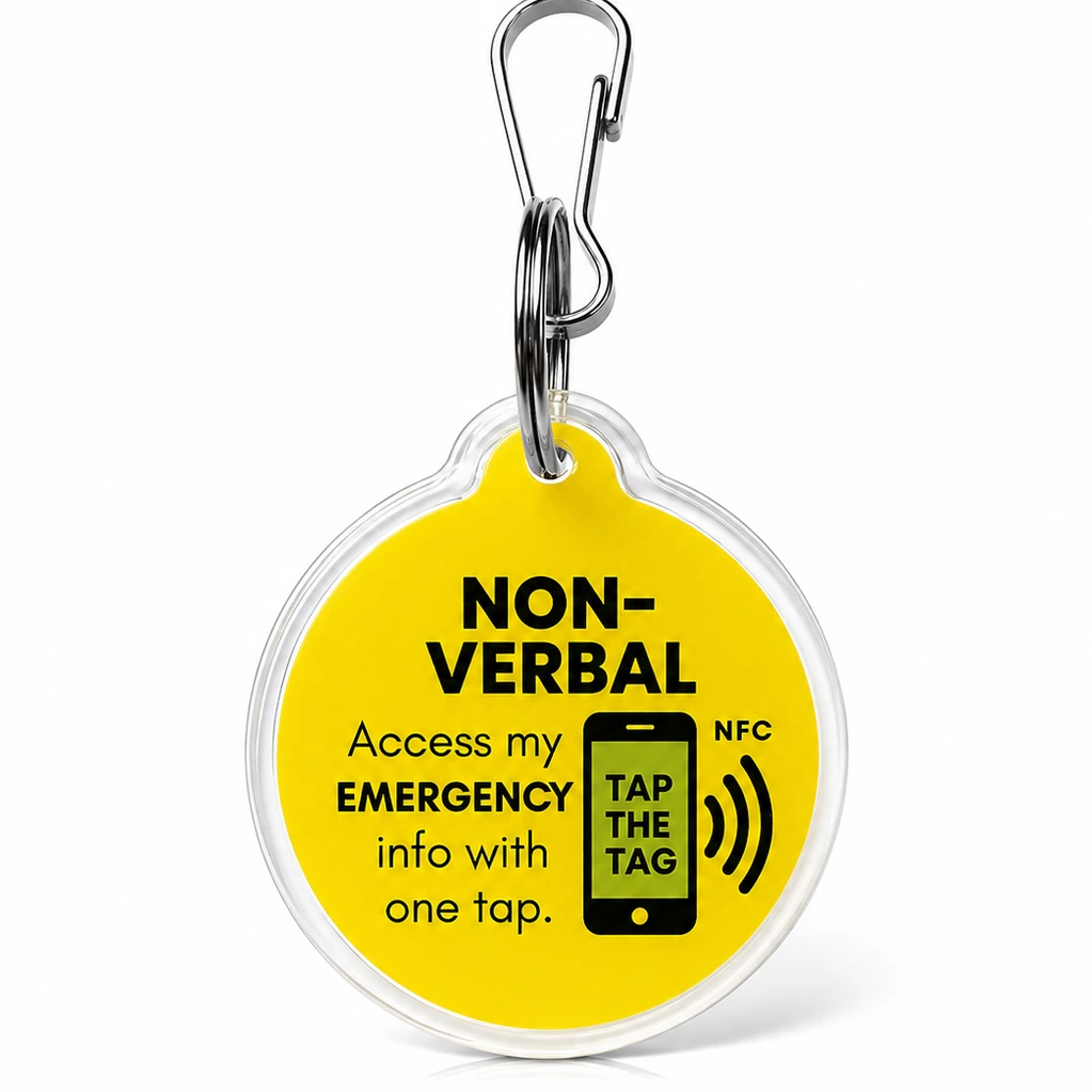 Yellow Non-Verbal NFC tag keyring for autistic and non-verbal children. Tap with a smartphone to see how they communicate and who to call