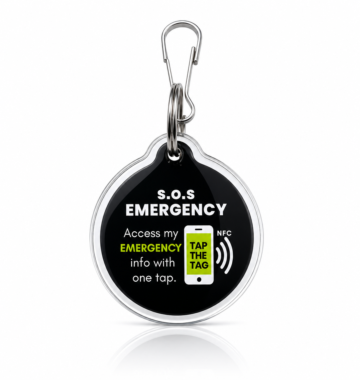 Black SOS emergency contact NFC keyring — elderly emergency contact keyring UK, tap any smartphone, works abroad
