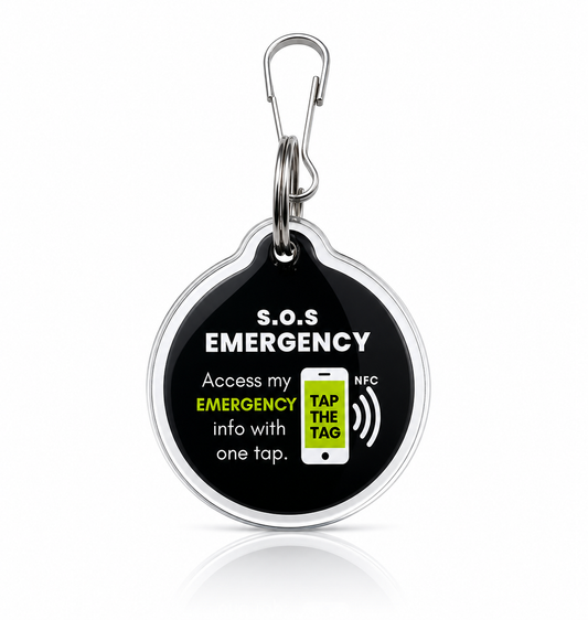 Black SOS emergency contact NFC keyring — elderly emergency contact keyring UK, tap any smartphone, works abroad
