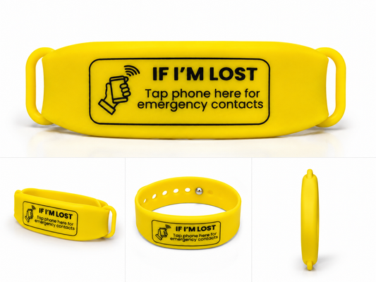 Yellow Child safety ID band — autism ID bracelet UK, waterproof, fits age 7 to adult, NFC tag no app needed
