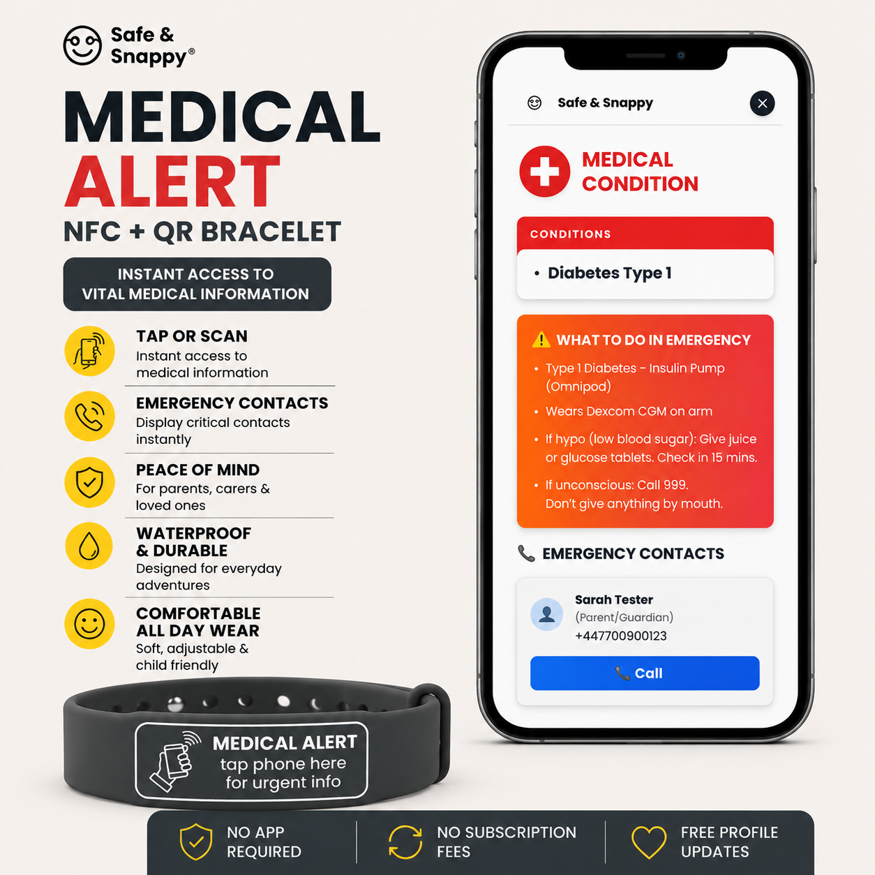 Medical Alert NFC QR Wristband | Medical ID Bracelet | Emergency Contact Band | Safe & Snappy