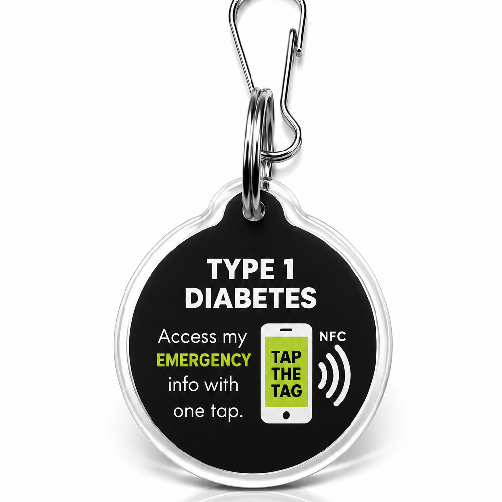 Black Type 1 diabetes NFC emergency medical alert tag — instant hypo information for paramedics, no app needed
