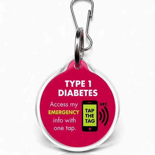 Pink Type 1 diabetes NFC emergency medical alert tag — instant hypo information for paramedics, no app needed
