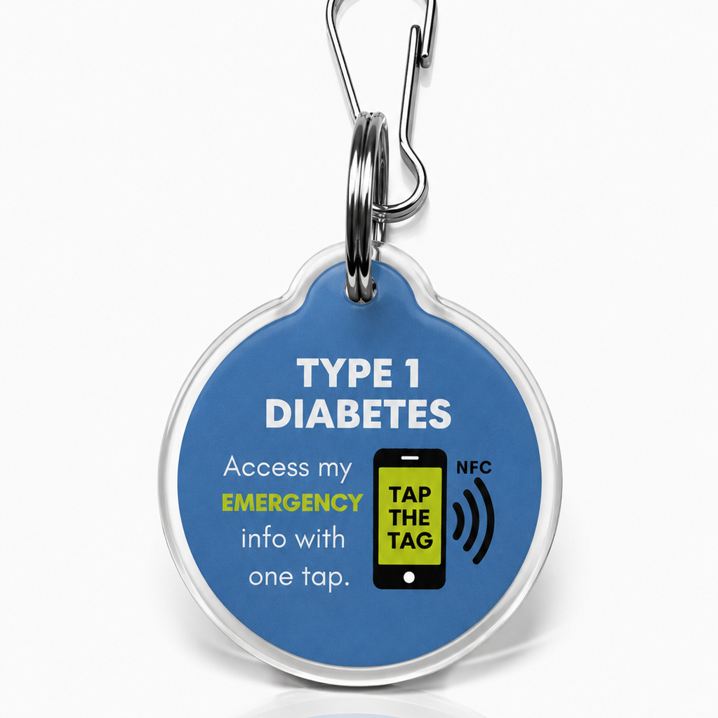 Blue Type 1 diabetes NFC emergency medical alert tag — instant hypo information for paramedics, no app needed
