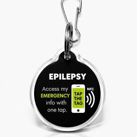 Black epilepsy NFC medical alert keyring — tap any smartphone for emergency info, no app needed, works abroad
