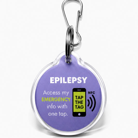 Purple epilepsy NFC medical alert keyring — tap any smartphone for emergency info, no app needed, works abroad
