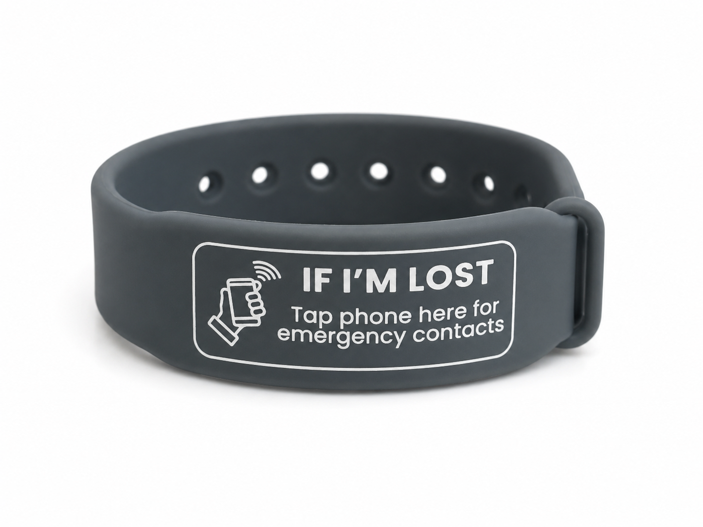 Grey Child safety ID band — autism ID bracelet UK, waterproof, fits age 7 to adult, NFC tag no app needed