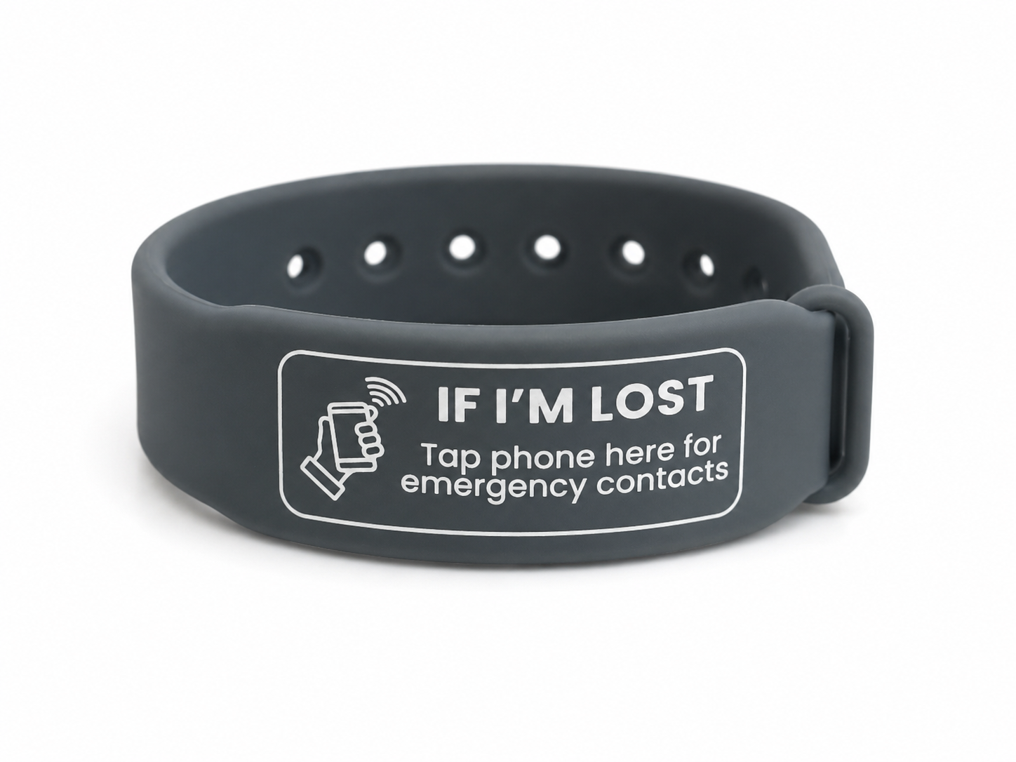 Grey Child safety ID band — autism ID bracelet UK, waterproof, fits age 7 to adult, NFC tag no app needed