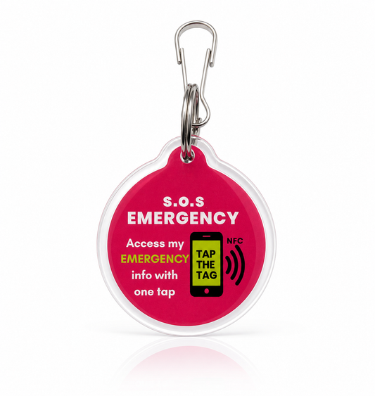 Pink SOS emergency contact NFC keyring — elderly emergency contact keyring UK, tap any smartphone, works abroad
