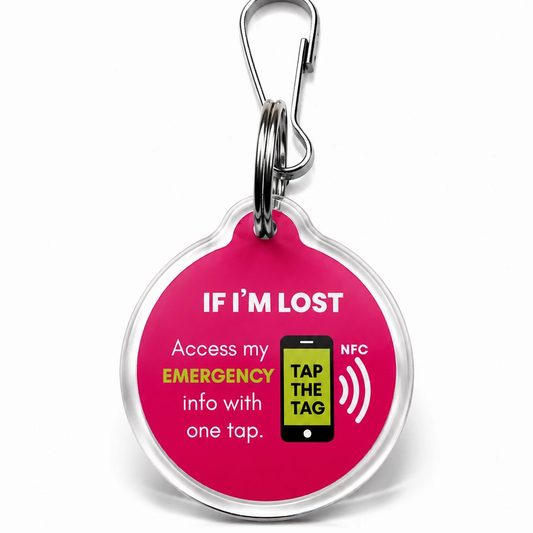 Pink If I'm Lost NFC tag keyring. Tap with a smartphone to see emergency contacts, no app needed
