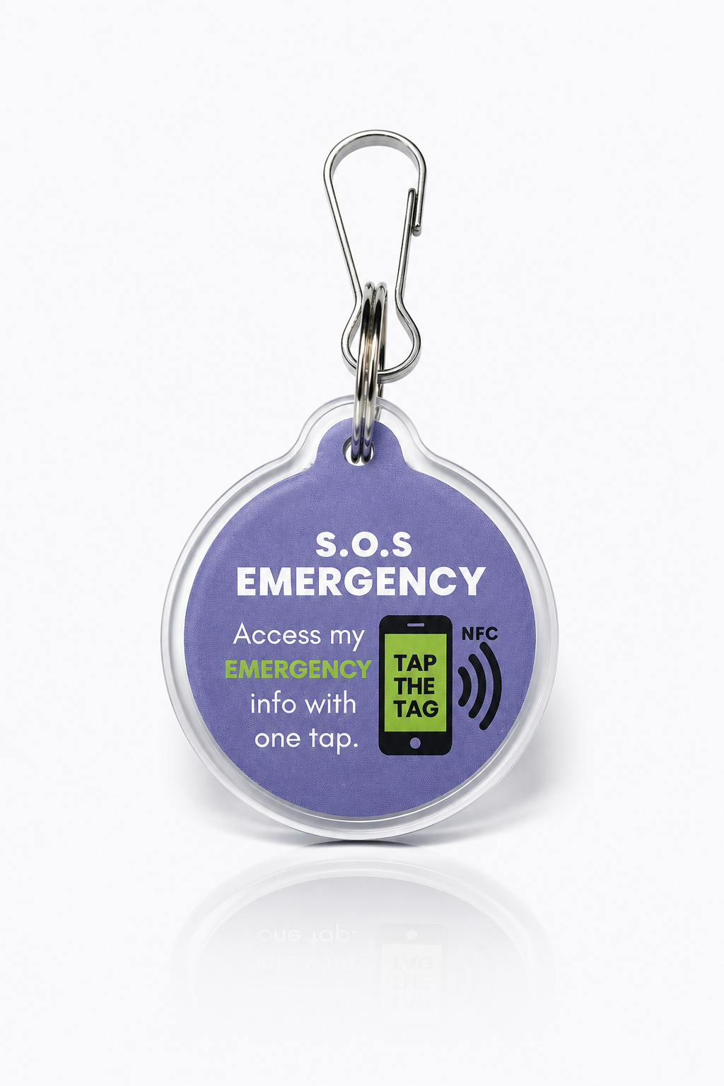 purple SOS emergency contact NFC keyring — elderly emergency contact keyring UK, tap any smartphone, works abroad
