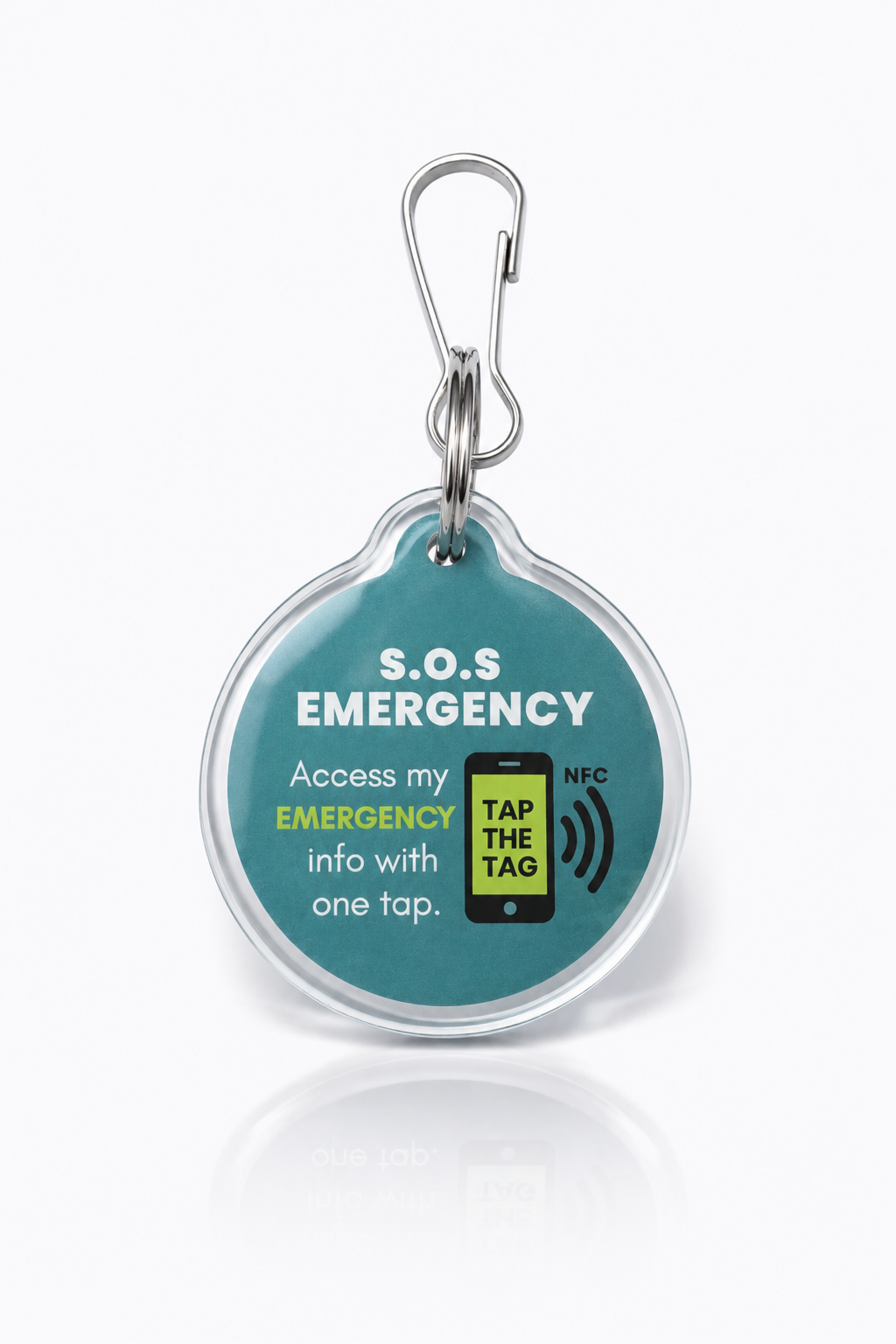 Green SOS emergency contact NFC keyring — elderly emergency contact keyring UK, tap any smartphone, works abroad
