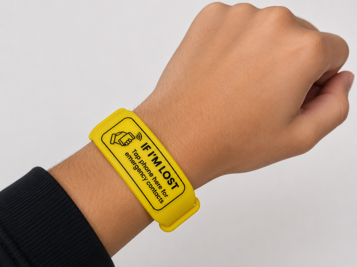 Yellow Child safety ID band — autism ID bracelet UK, waterproof, fits age 7 to adult, NFC tag no app needed