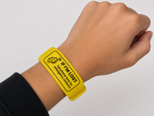 Yellow Child safety ID band — autism ID bracelet UK, waterproof, fits age 7 to adult, NFC tag no app needed