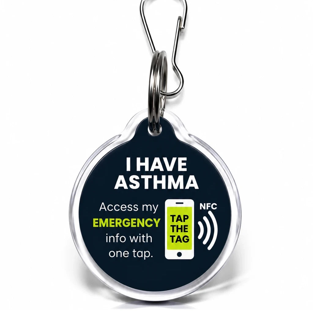 Black I Have Asthma NFC tag keyring. Tap with a smartphone to see asthma and emergency contact information, no app needed