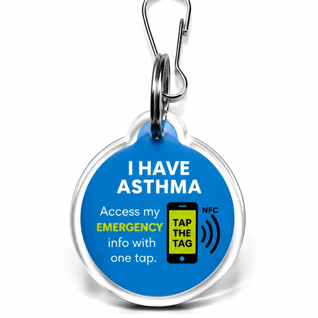 Blue I Have Asthma NFC tag keyring. Tap with a smartphone to see asthma and emergency contact information, no app needed