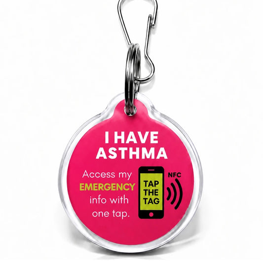 Pink I Have Asthma NFC tag keyring. Tap with a smartphone to see asthma and emergency contact information, no app needed