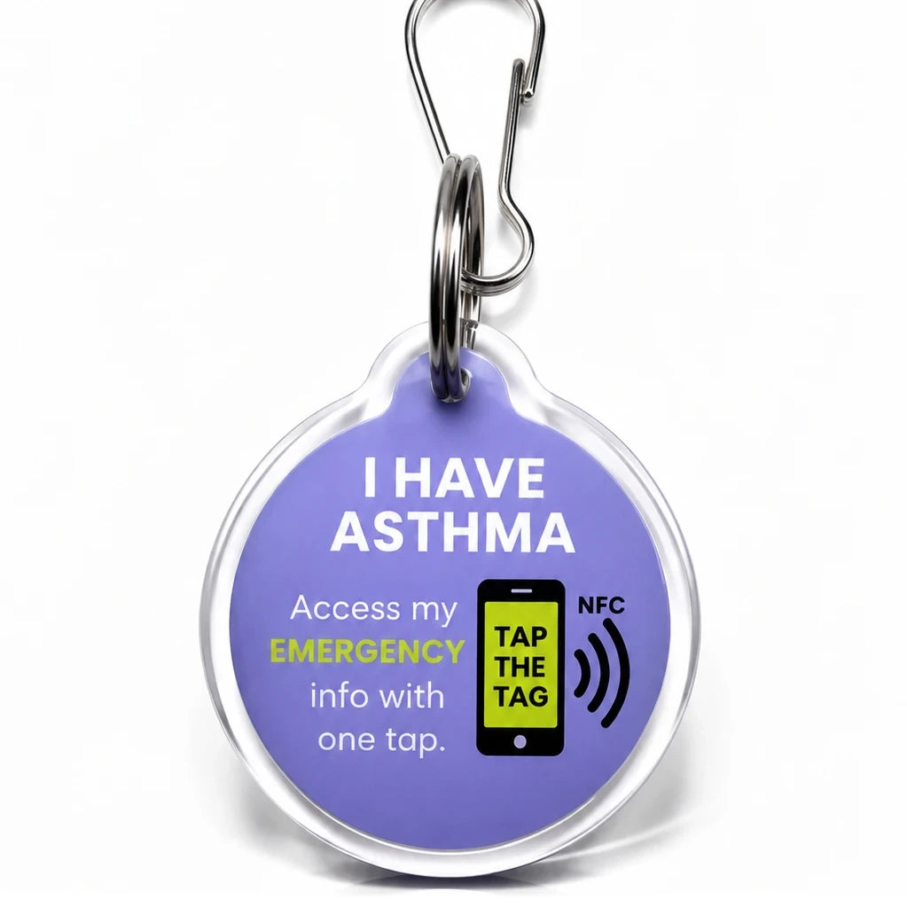Purple I Have Asthma NFC tag keyring. Tap with a smartphone to see asthma and emergency contact information, no app needed