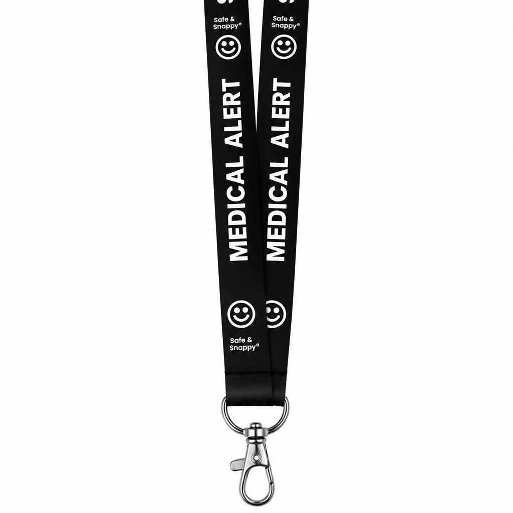 Medical alert lanyard with metal swivel clip