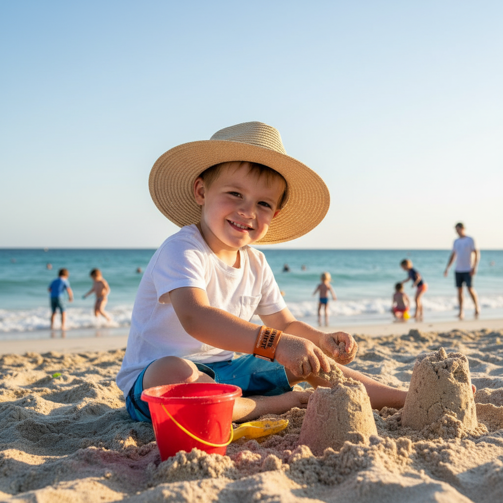 Child wearing orange band at beach