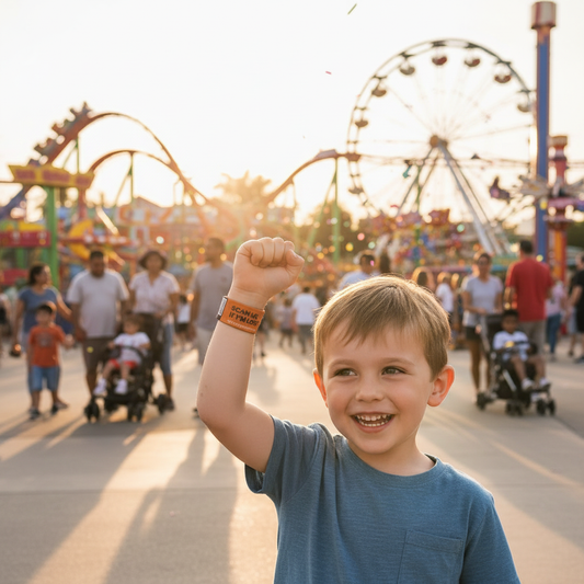 Child wearing orange band at theme park