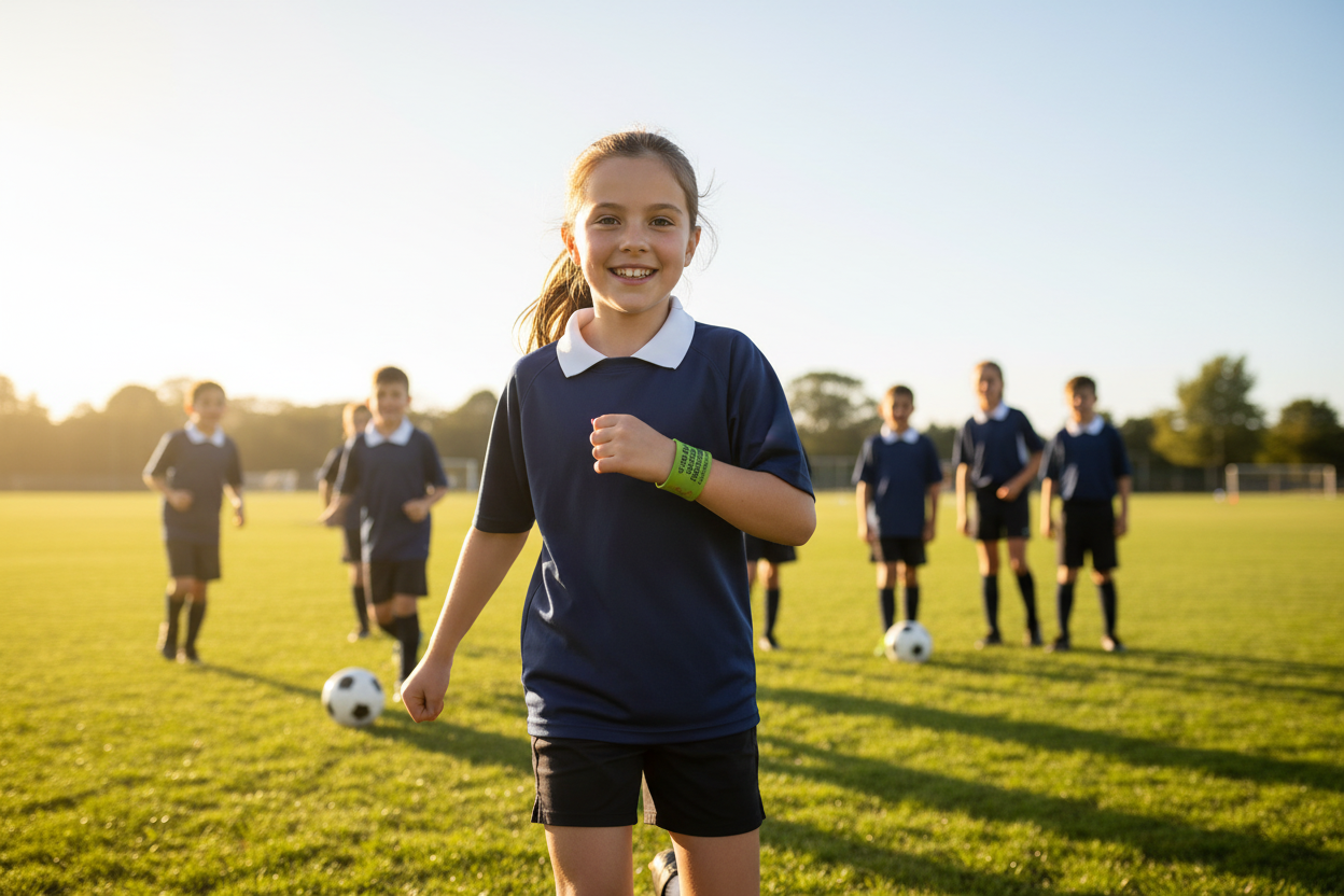 Child with diabetes wearing green medical alert band