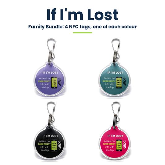 If I'm Lost NFC tag Family Bundle of 4: purple, teal green, black and pink emergency ID tags