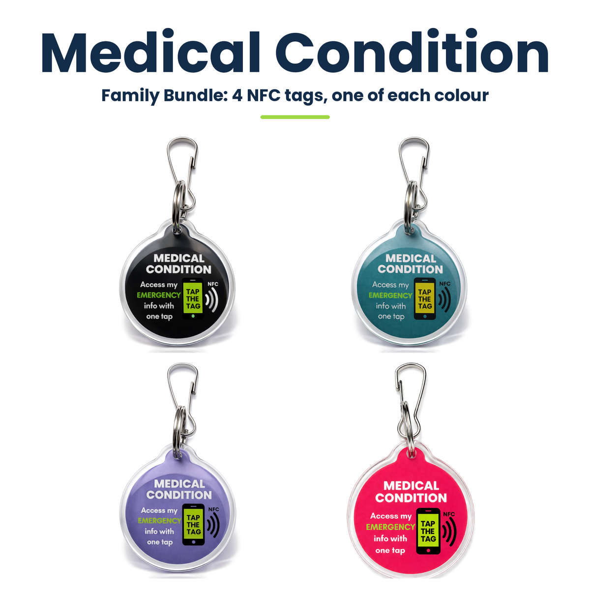 Medical Condition NFC tag Family Bundle of 4: black, teal, purple and pink medical ID tags