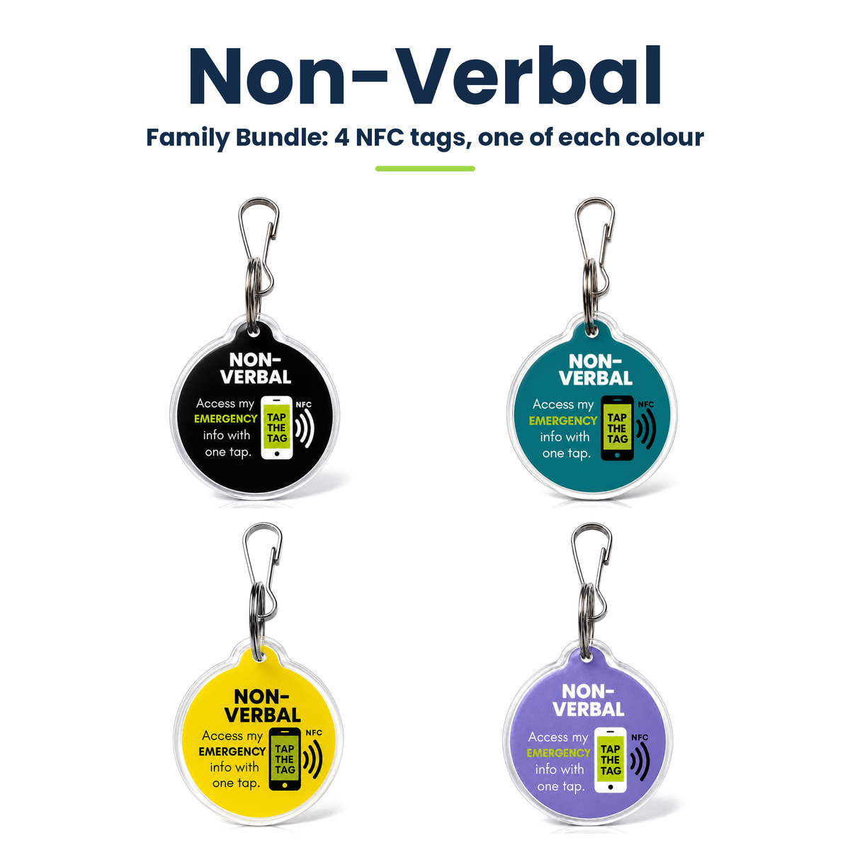 Non-Verbal NFC tag Family Bundle of 4: black, teal green, yellow and purple autism communication tags