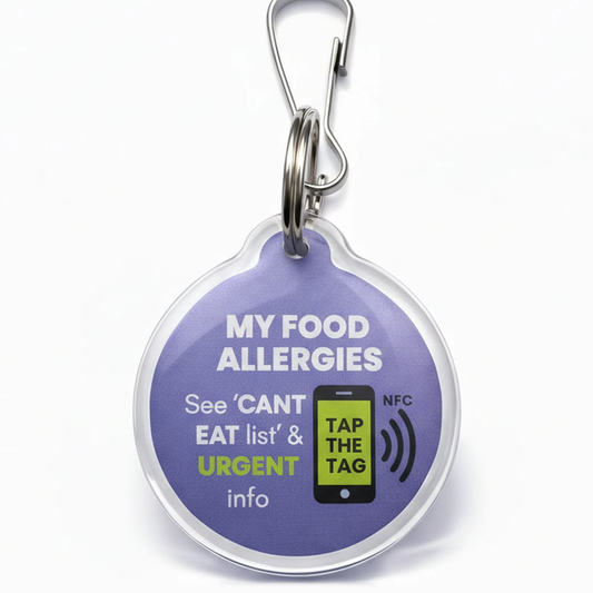 Purple My Food Allergies NFC tag. Clips onto a school bag or lunch box; tap with a smartphone to see the can't-eat list and emergency contacts
