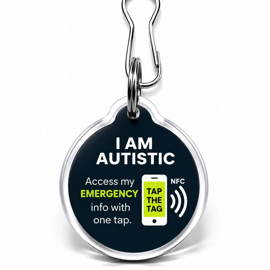 Black I Am Autistic NFC tag keyring. Tap with a smartphone to see communication needs and emergency contacts, no app needed