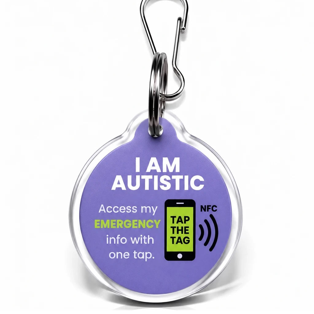 Purple I Am Autistic NFC tag keyring. Tap with a smartphone to see communication needs and emergency contacts, no app needed