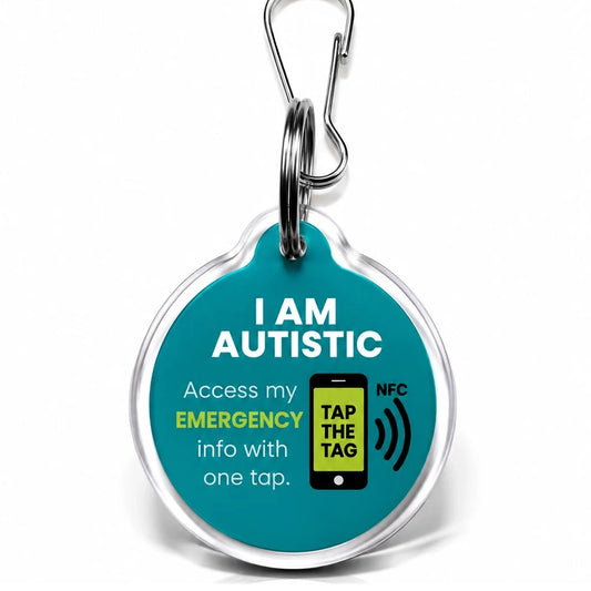 Teal I Am Autistic NFC tag keyring. Tap with a smartphone to see communication needs and emergency contacts, no app needed