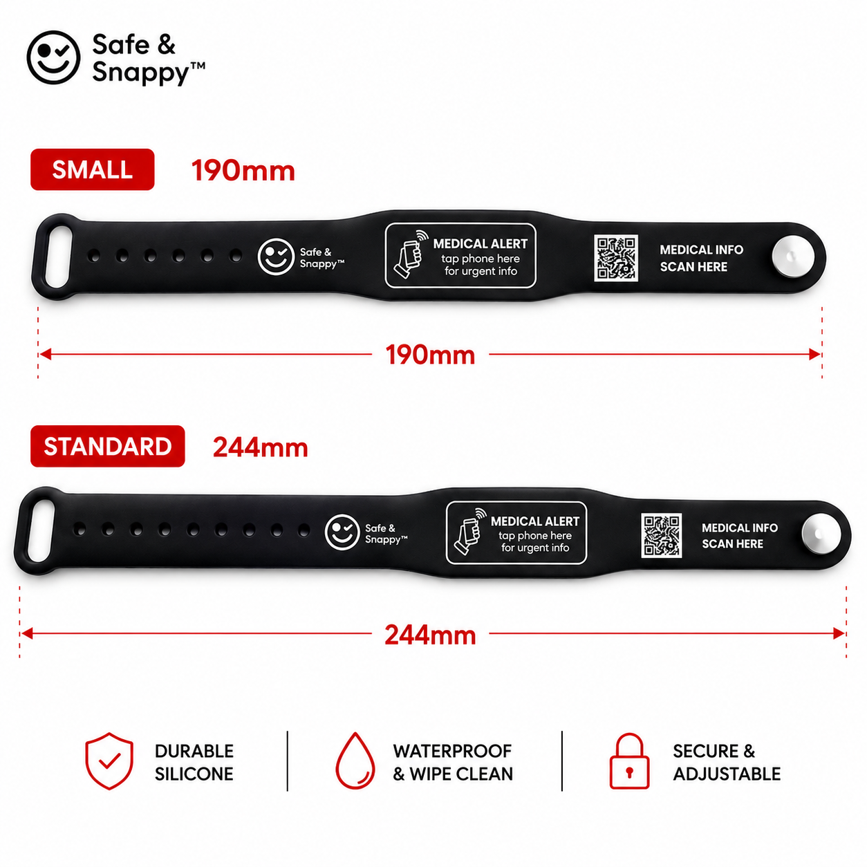 Medical Alert NFC QR Wristband | Medical ID Bracelet | Emergency Contact Band | Safe & Snappy