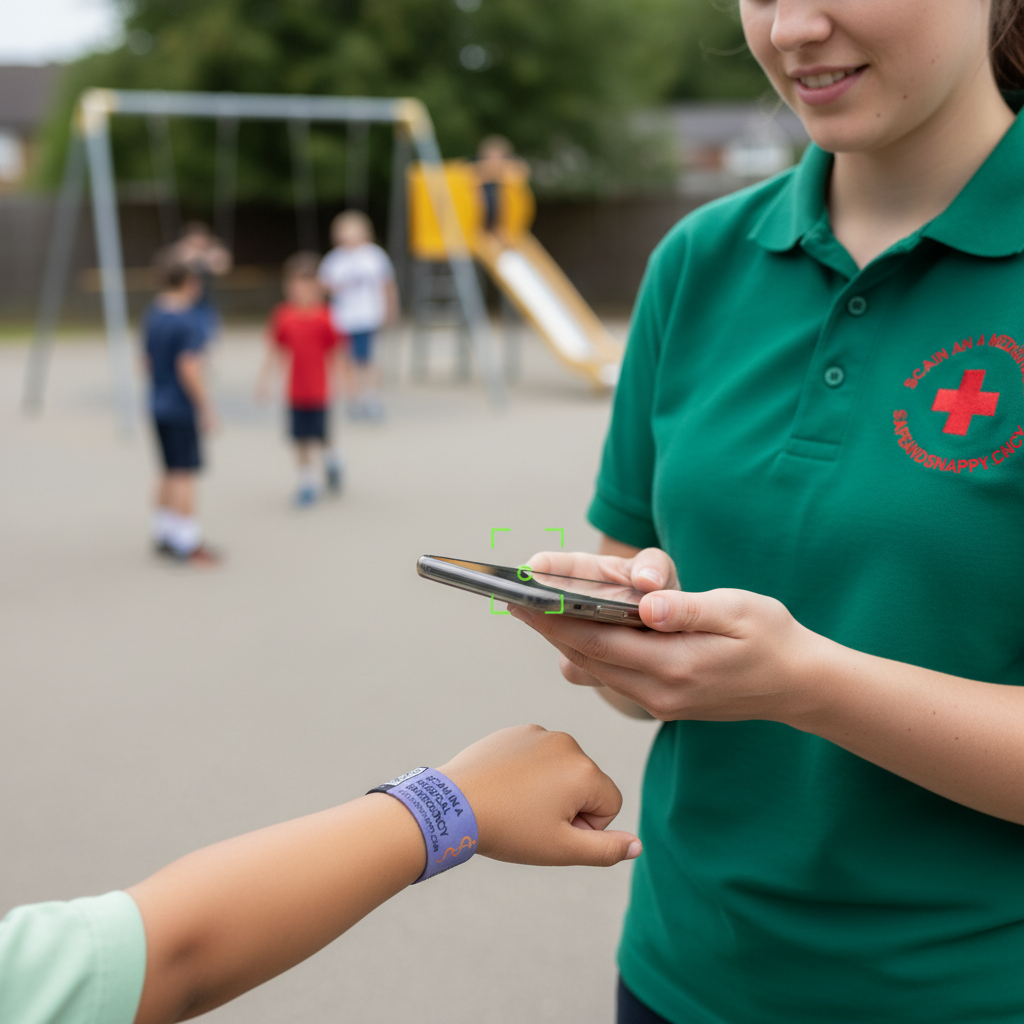 Teacher scanning QR code on purple band