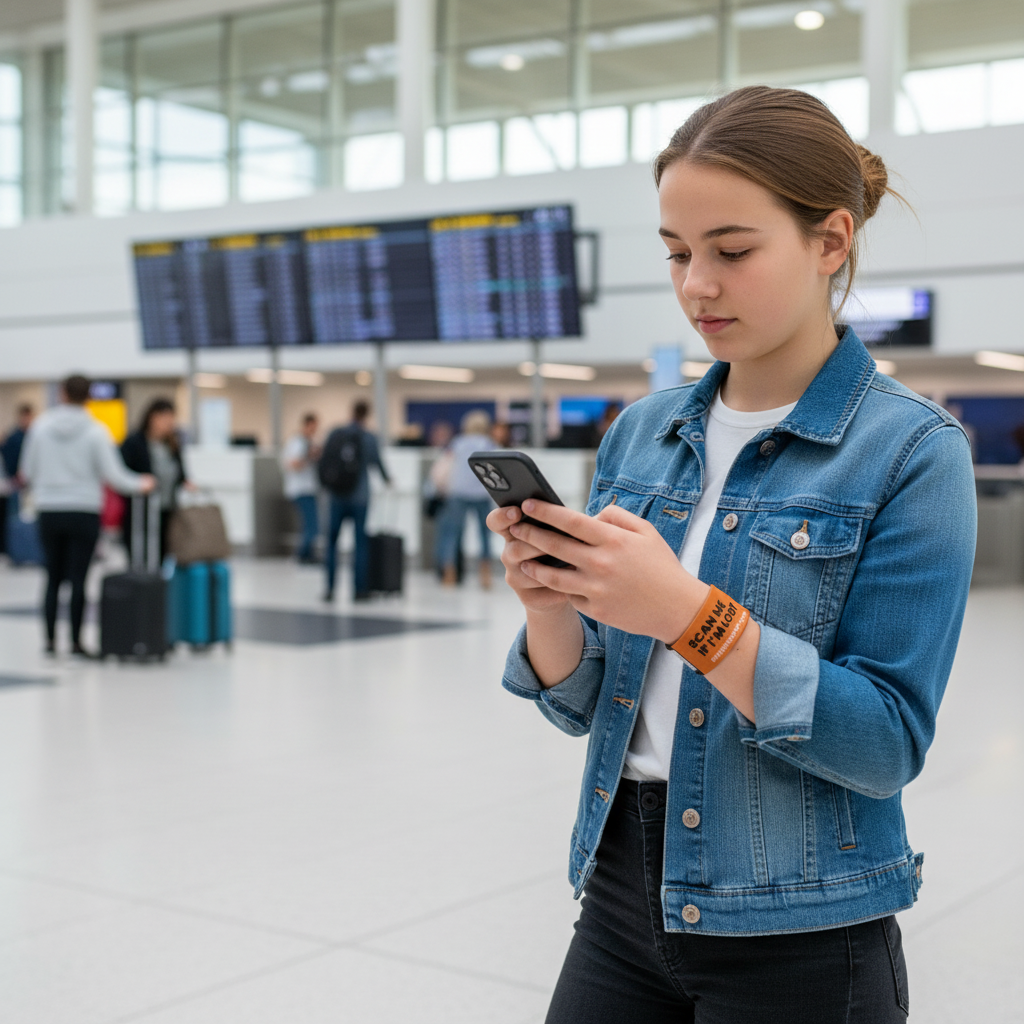 Teenager with orange emergency band at airport